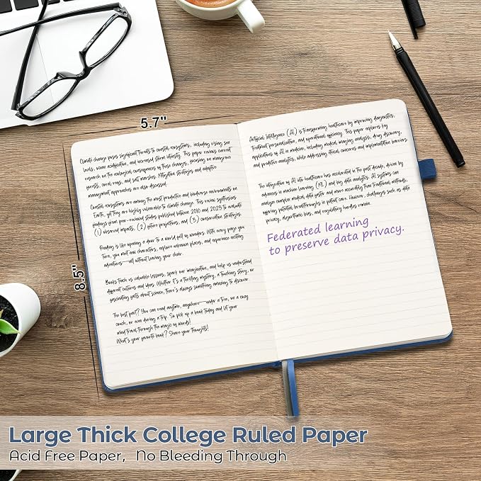 College Ruled Notebook, 5 Pack A5 Hardcover Leather Notebook for Work, Lined Notebook Journal for Women, Men, 100GSM Thick Paper, Large Notebook with Pockets, Professional Business Notebook, 5.7"x8.5"