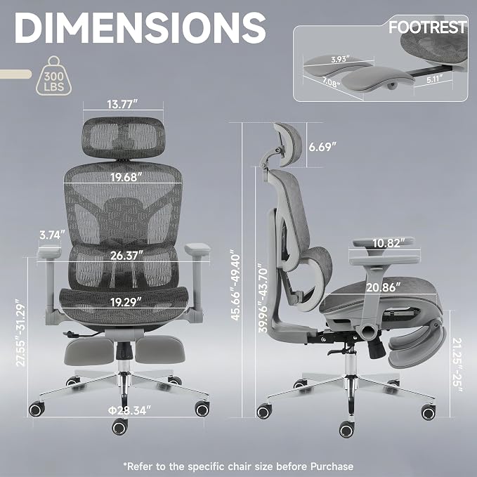 Korser Ergonomic Mesh Office Chair with Footrest, Big and Tall Desk Chair with 4D Flip-Up Arms, Auto-Tracking Lumbar Support, 3D Headrest, High Back Computer Gaming Chair for Home Office, Grey