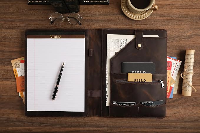 Personalized Leather Padfolio for Lefty, Business Portfolio Binder with Notepad Holder, Legal Pad Portfolio Folder for Men/Women - Khaki