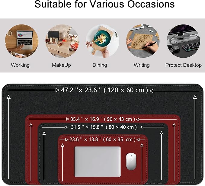 Double-Sided Office Desk Mat, Large Mouse Pad, Waterproof PU Leather Protective Pad, Laptop Desk Pad, Dual Use Cover Protector for Office/Home Keyboard (Red+Black, 31.5''×15.8'')
