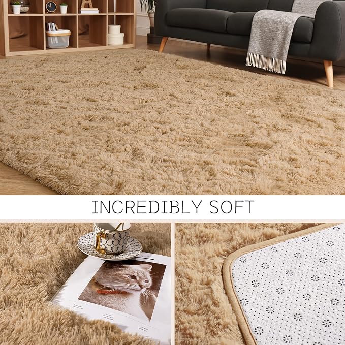 HOMORE 4x6 Rug for Bedroom, Light Tan Fluffy Area Rug Modern Shag Rugs for Living Room, Super Soft Beige Rug for Kids Room, Cute Carpets for Nursery Boys Girls Home Dorm