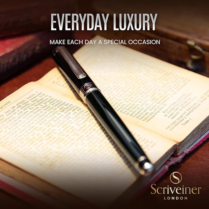 Scriveiner Black Green Rollerball Pen - Stunning Luxury Pen, Chrome Finish bundle with Rollerball Refill Black Fine - 4 Rollerball Refills in one box