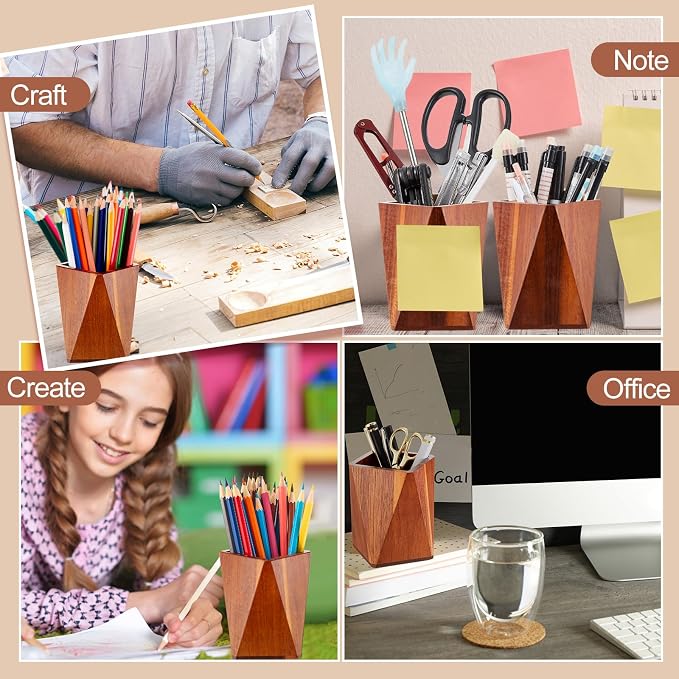 2 Pcs Wood Pen Pencil Holder Geometric Pencil Cup Stand Makeup Organizer for Pen Holder Desk Home Office Adults (Acacia Wood)