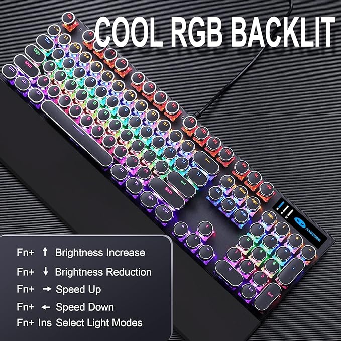 Camiysn Typewriter Style Mechanical Gaming Keyboard, Black Retro Punk Gaming Keyboard with RGB Backlit, 104 Keys Blue Switch Wired Cute Keyboards, Round Keycaps for Windows/Mac/PC