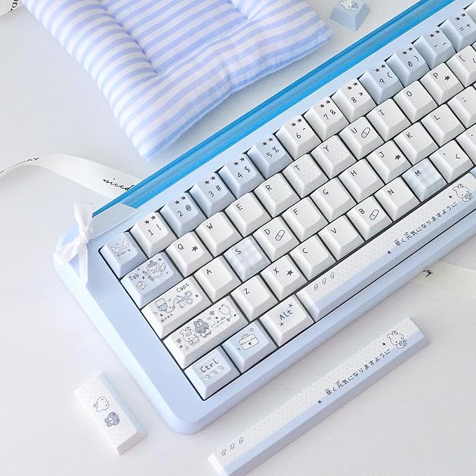 Cute Rabbit Theme Keycaps 140 Keys, PBT Key Cap Set Dye Sublimation, Cherry Profile Blue Keyboard Keycap, Custom Keycaps for Cherry MX Switches Mechanical Gaming Keyboard 60% 75% 100%