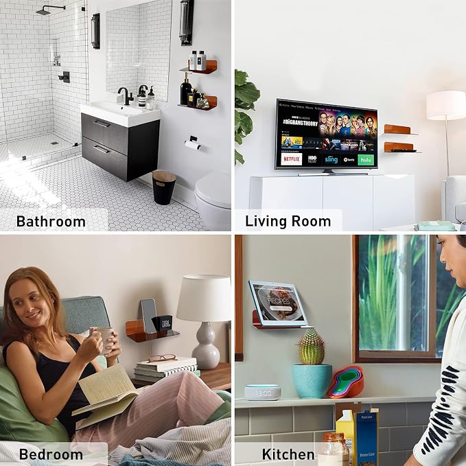 OAprire Acrylic Floating Shelves Set of 2 - Expand Wall Space - 9 Inch Small Adhesive Shelf for Bedroom, Bathroom, Kitchen, Living Room, Office with Cable Clips (Brown)