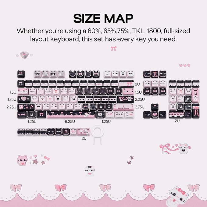 KiiBOOM Cute Cat Keycaps Set, Mao Profile, PC+ABS Keycap for MX Switches Mechanical Keyboard, Compatible with 60%, 65%, 75%, TKL, 96%, Full-Sized Layout (Meow Bow)