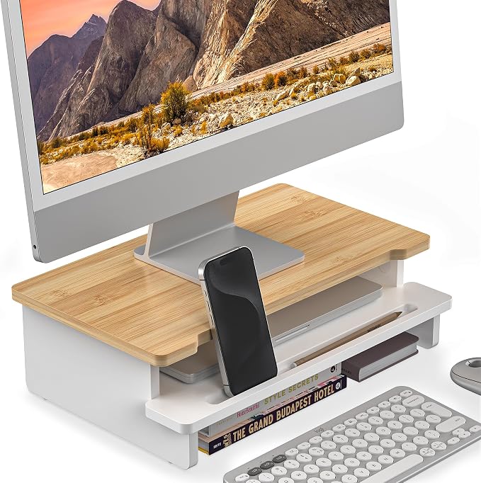 16.5” Bamboo Monitor Stand with Phone & Tablet Holder Desk Shelf | Monitor Riser for 36-48 Inch Desk Cozy Computer Setup Workplace Organizer Keyboard Storage Ergonomic White & Natural Bamboo