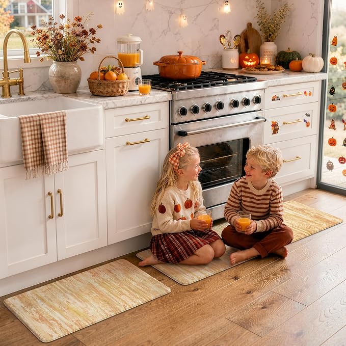 KIMODE Fall Decor Kitchen Mats Cushioned Anti Fatigue,Orange Aabstract Rugs | Farmhouse Kitchen Rugs Sets of 2,Waterproof Kitchen Mats for Floor,Padded Kitchen Floor Mat for Sink Laundry Desk Bedroom RV