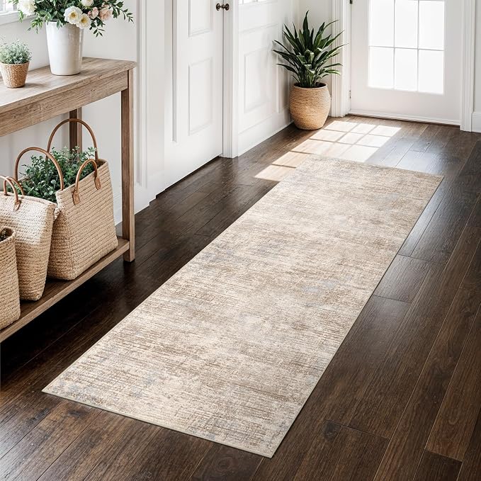 2x5 Hallway Washable Runner Rug - Non-Slip Kitchen Rugs with Rubber Backing Abstract Neutral Low-Pile Carpet Runners for Laundry Room Home Decor Bedroom Bathroom Entryway (Ivory Beige Distressed,2x5)