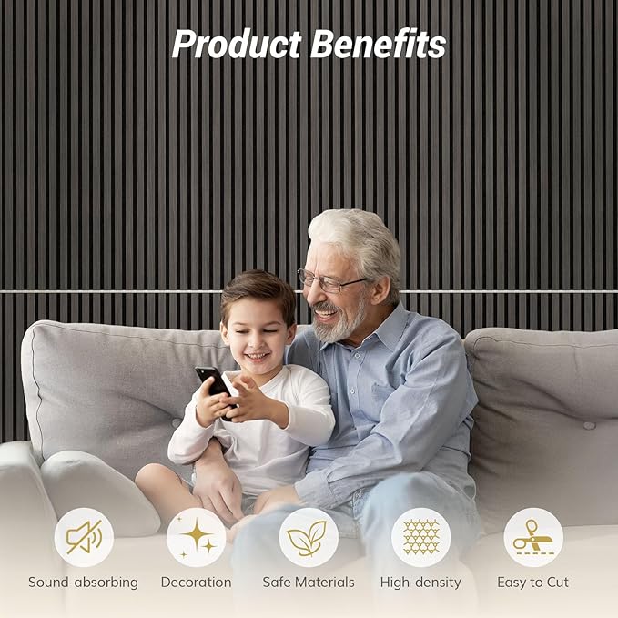 TONOR 4-Pack Acoustic Wood Veneer Wall Panels, 47.2” * 23.6” * 0.74” 3D Self-Adhesive Panel, Dual Layer Soundproof Tiles for Echo Absorption, Decorative Acoustical Barrier, Blackwood Veneer