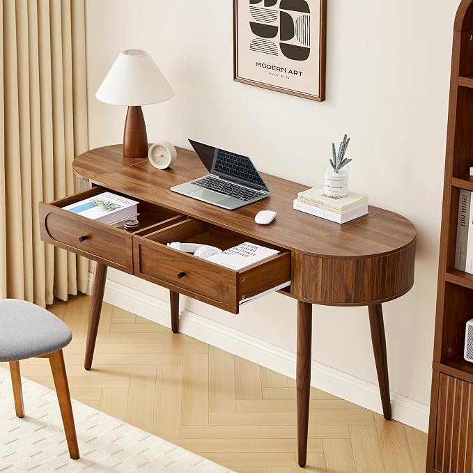 AVZEAR 59" Oval Fluted Home Office Computer Desk Wood Writing Desk, Wlanut | Mid Century Modern Writing Desk with 2 Drawers + 2 Flip Storage, Farmhouse Vanity Table Executive Deskfor Study, Living Room