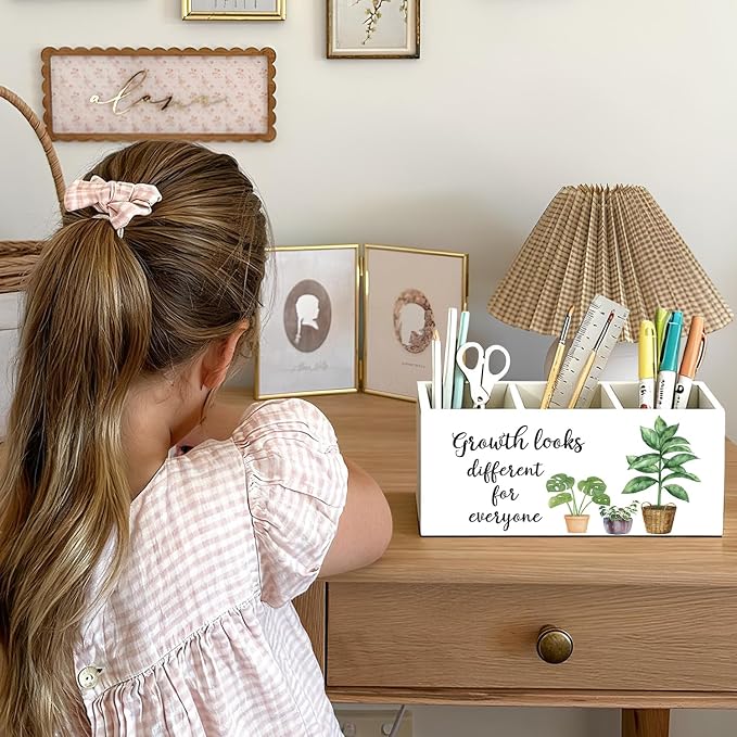 Mental Health Inspirational Pen Holder, Motivational Pencil Holder, Growth Looks Different for Everyone Wooden Box Sign Decorations for Therapy Counselor Office Classroom Desk Tabletop