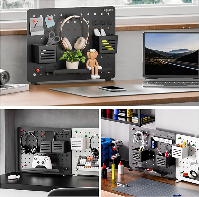 PEGZONE Clamp-on Desk Pegboard, Desk Organizer for Office Gaming Home, Magnetic Metal Peg Board with 10 Accessories, Privacy Panel, 16.5" x 12.6", Medium, Black