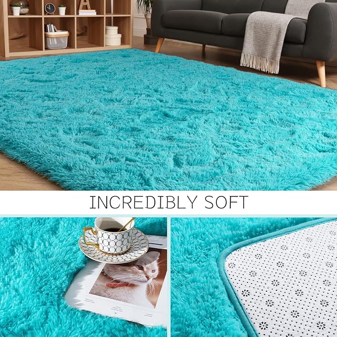 HOMORE Luxury Fluffy Area Rug Modern Shag Rugs for Bedroom Living Room, Super Soft and Comfy Carpet, Cute Carpets for Kids Nursery Girls Home, 4x6 Feet Turquoise Blue