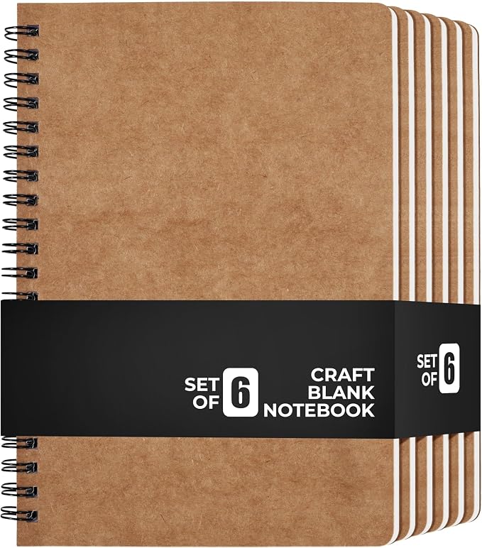 Kraft Spiral Notebooks 5.8” x 8.3”, Set of 6 College Ruled Journals, Recycled Brown Cover Thick Paper Writing Notebooks for School, Office & Travel 60 Sheets Each(120pages)