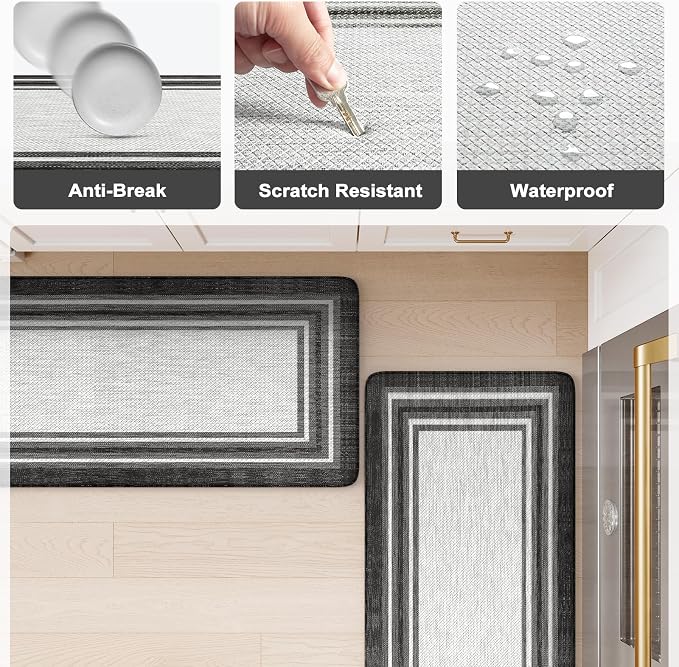 KIMODE Anti Fatigue Kitchen Mat for Floor 2PC,Kitchen Rugs Non Slip Rubber Backing,Waterproof Farmhouse Kitchen Floor Mat,Cushioned Standing Mat for Home Decor,Office,Laundry,Sink,Desk,Black and Grey