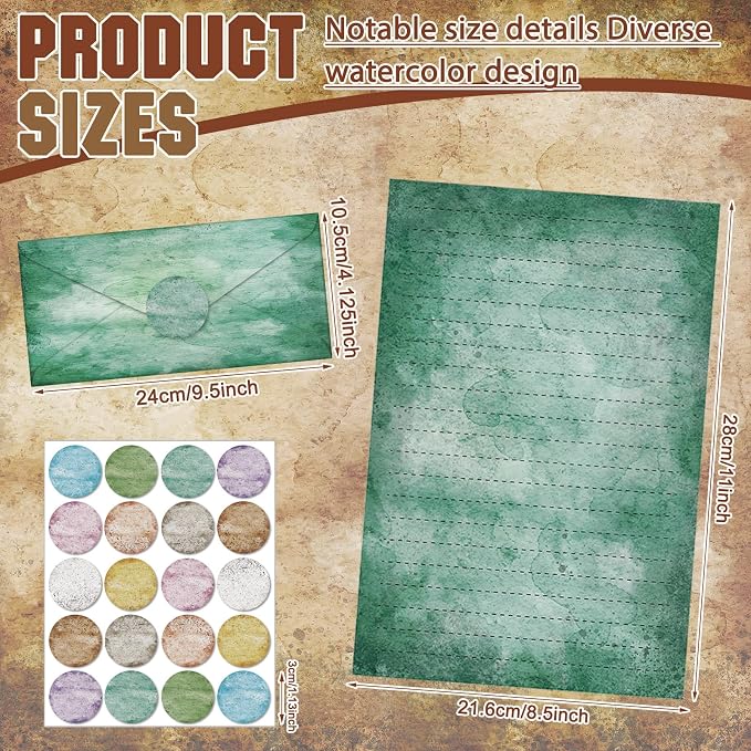 TaoBary 160 Pcs Stationery Paper Set 50 Double Sided Stationery Paper with 50 Matching Envelope and 60 Round Dot Sticker, 10 Design (Vintage Colors,8.5 x 11 Inch)