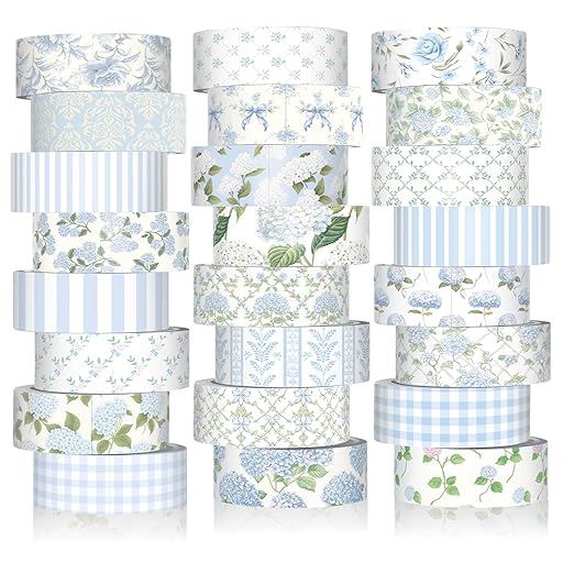 Gueevin 24 Rolls Watercolor Floral Washi Tape Set 15 mm Seasonal Flower Decorative Washi Tape for Craft Arts DIY Scrapbook Journaling Supplies Gift Wrapping (Blue Hydrangea)
