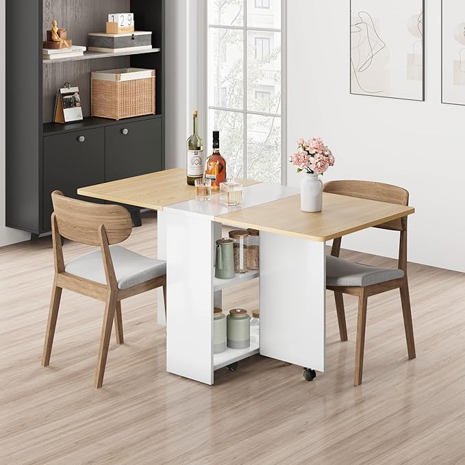 IDEALHOUSE FoldingTable, Drop Leaf Dining Table with 6 Wheels and 2-Layer Storage Shelf, Space Saving Table for Small Spaces (Natural Wood, 47.2" D x 23.6" W x 29.5" H)