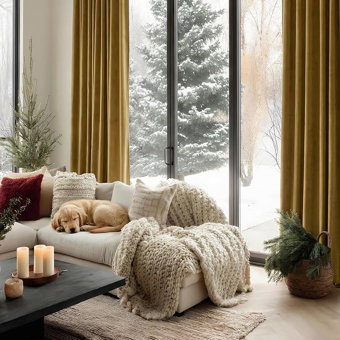 Gold Brown Velvet Blackout Curtains 96 Inches for Bedroom, Thermal Insulated Room Darkening Drapes, Super Soft Thick Luxury Curtains for Living Room with Back Tab & Rod Pocket, W52 x L96, 2 Panels