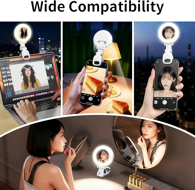 Portable Ring Light for Phone with Mirror, Foldable Clip-On Selfie Light for iPhone, Webcam, Vlog, TikTok, 3 Colors & 9 Brightness, Rechargeable LED Light for Video Recording and Makeup