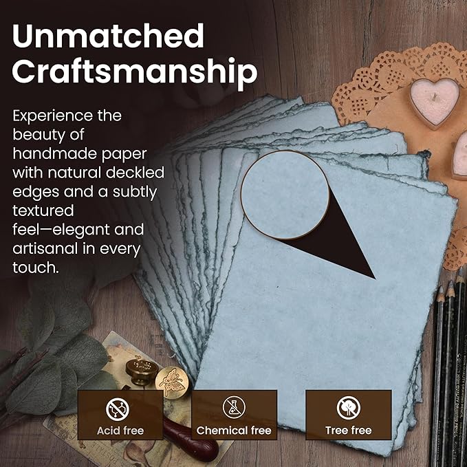 LEATHER VILLAGE Watercolor Paper - 7.5 X 11.5 inches, 50 Sheets - Mixed Media Watercolor Paper - 150 GSM Thick Deckle Edge Virgin Cotton Handmade Paper - Grey Toned