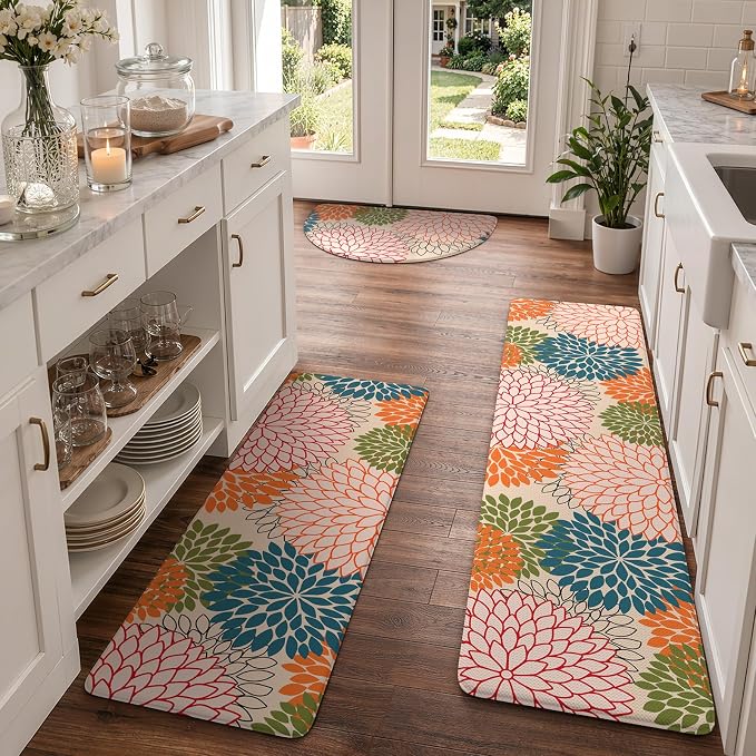 KIMODE Half Circle Anti Fatigue Mats for Kitchen Floor Rug Sets of 3 | 18"x28+18"x47"+18"x59",Orange,Dahlia Floral Boho,Half Round,3PCS,Non Slip,Waterproof,for Sink Office Laundry Bathroom Decor