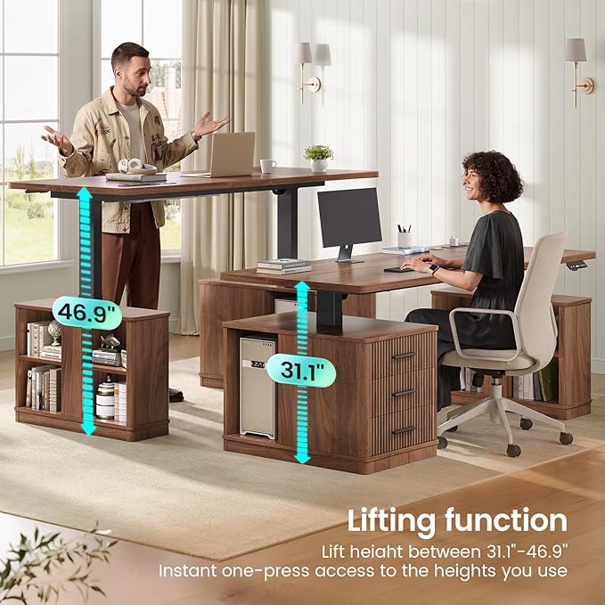 SEDETA Modern Fluted Electric Standing Desk, 63" Height Adjustable Computer Desk with 3 Drawers, Storage Shelves, Power Outlets, Wood Home Office Stand up Desk for Work, Study, Writing, Brown