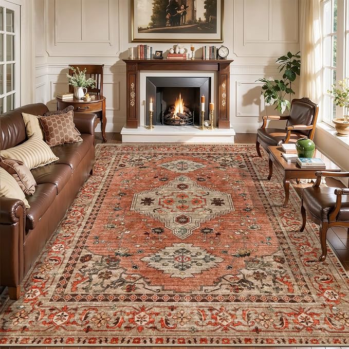 Tangsoo Boho 10x12 Area Rug for Living Room, Washable Vintage Rug Indoor Non Slip Large Area Rugs, Print Oriental Carpet Soft Low Pile Foldable Floor Room Rug for Bedroom Dining Room Terracotta