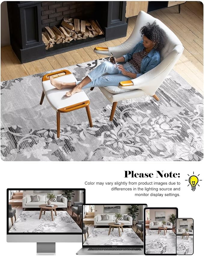 Macgace Washable Abstract Rug, 8x10 Classic Grey and White Floral Area Rugs with Non-Slip Rubber Backed for Living Room, Low Pile Modern Throw Carpet Bedroom Dining Room Decor