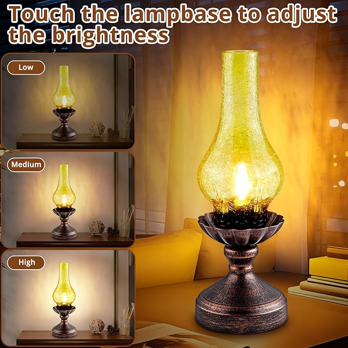 Vintage Table Lamp,Touch Control & 3-Way Dimmable Rustic Retro Farmhouse Bedside Lamp with Amber Glass Shade and LED Bulb for Bedroom, Living Room, Cabin, Office