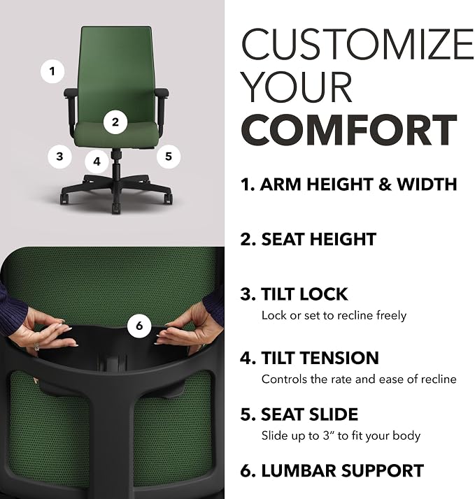 HON Ignition 2.0 Mid Back Task Chair, Spectrum Mesh, Standard Synchro-Tilt Control, Office Chair with Lumbar Support, Height and Width Adjustable Arms, Black Frame, Leaf
