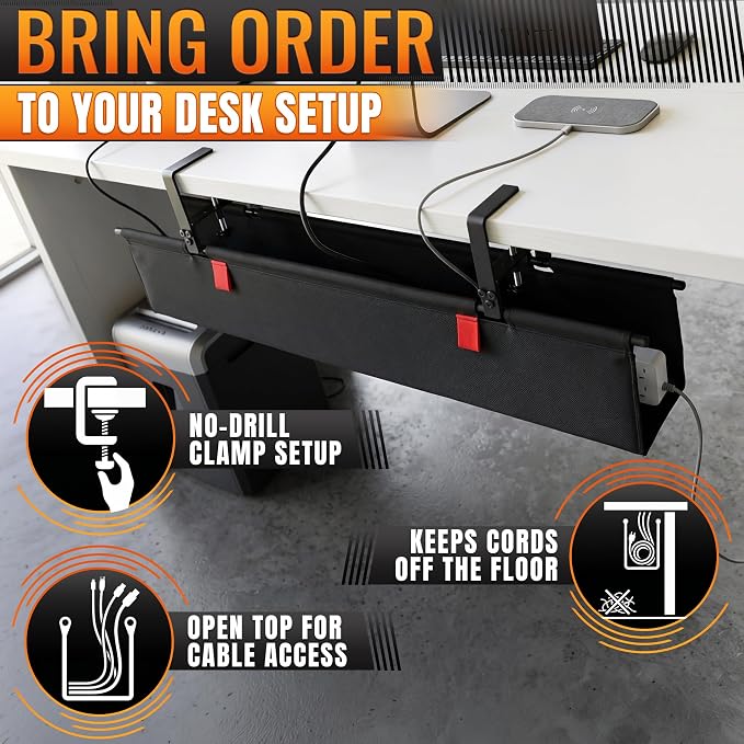 Under Desk Cable Management Tray 28" — No Drill Clamp-On Cord Organizer for Desk with Built-in Ties, Heavy Duty Metal Clamp, Foldable 600D Oxford Fabric for Home Office, WFH & Gaming PC Setup (Black)