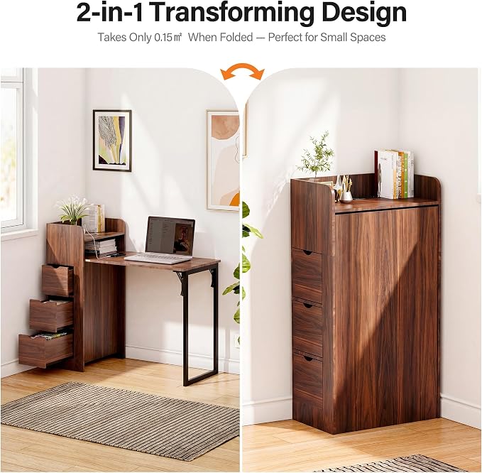 LAUSAINT HOME Wall Mounted Foldable Desk, Space Saving Hidden Desk with Storage & Power Outlet, Fold Out Table for Small Spaces, Home Office Bedroom (Walnut)