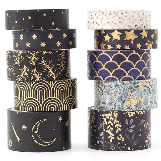 Creative Washi Tape Set 10 Rolls Gold Foil Print Decorative Masking Tapes for Arts, DIY Crafts, Journals, Planners, Scrapbook, Wrapping (Black Mashup)