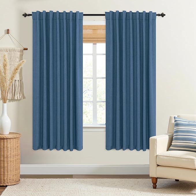 KOUFALL Denim Blue Curtains for Boys Bedroom, Blackout Linen Thermal Insulated Black Out Teen Curtains 63 Inch Long, 2 Panels Set