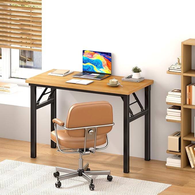 SogesHome No Assembly Folding Computer Desk, 31.5 Inch Small Compact Desk for Home Office, Modern Writing Table with Adjustable Leg Pads, Gaming Desk for Living Room and Small Spaces, Teak & Black