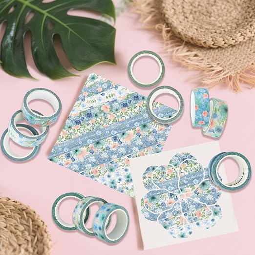 12 Rolls Floral Washi Tape, Blue Rose Flower Masking Tape, Spring Vintage Blue Pink Floral Decorative Tapes for DIY Craft Scrapbooking Journals Planners Gift Wrapping Birthday Party Decor 16.4FT