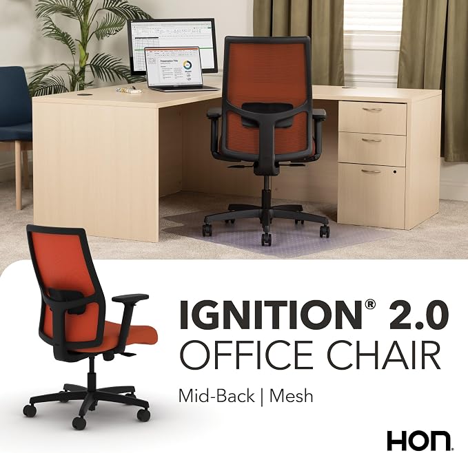 HON Ignition 2.0 Mid‑Back Ergonomic Office Chair, Mesh Task Desk Chair with Lumbar Support, Standard Synchro‑Tilt, Height and Width Adjustable Arms, Black Frame, Salamander