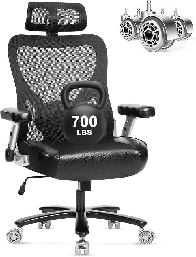Super Big and Tall Office Chair 700lbs- Heavy Duty Executive Computer Chair with Rubber Wheels 3D Flip Arms, Ergonomic Mesh High Back Desk Chair, Wide Seat Adjustable Lumbar Support & Headrest