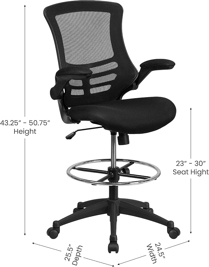 Flash Furniture Kelista Mid-Back Swivel Office Chair with Adjustable Seat Height, Ergonomic Mesh Desk Chair with Flip-Up Armrests, Black | Adjustable Foot Ring, Mid-Back, Flip-Up Arms, Mesh Back