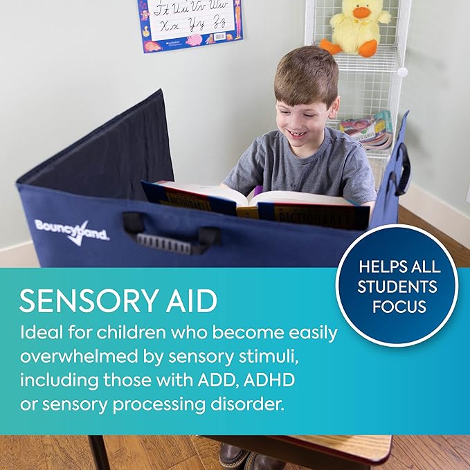 BouncyBand Portable Privacy Desk Partition – 20” x 14” Center Panel, 16” x 14” Side Panels – Desk Privacy Panel Creates a Quiet Workspace to Improve Focus in The Classroom, Office, or Home