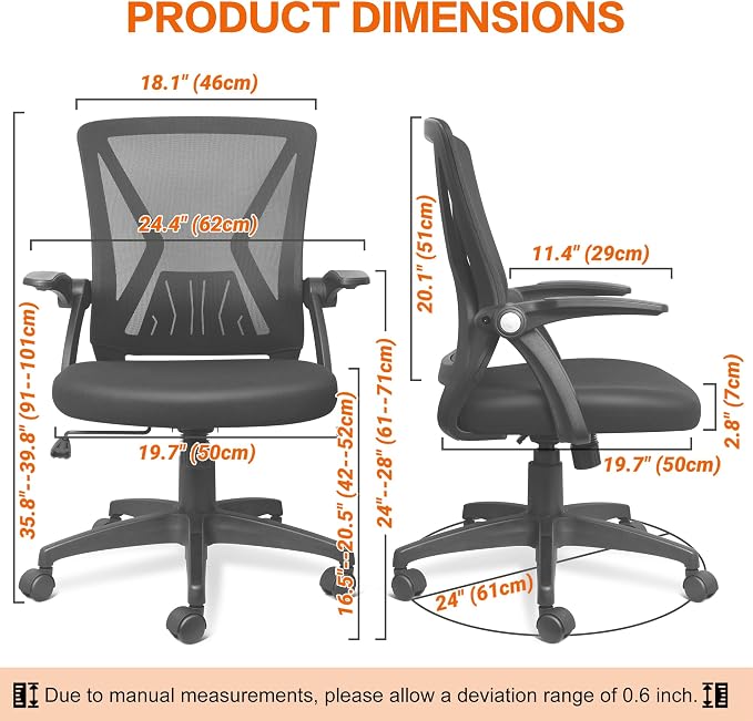 Mesh Office Chair Ergonomic Mid Back Swivel Black Mesh Desk Chair Flip Up Arms with Lumbar Support Computer Chair Adjustable Height Task Chairs