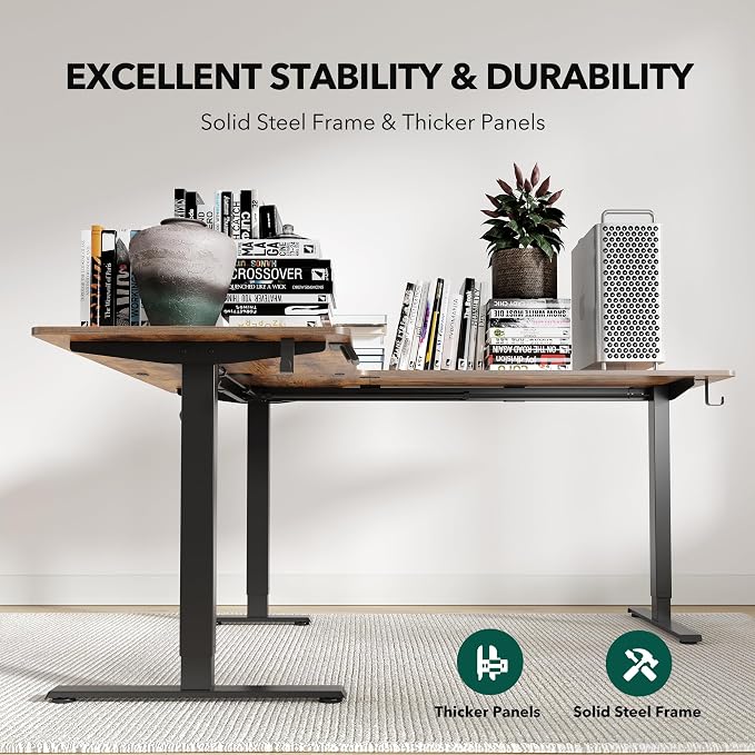 FEZIBO 63" x 55"L Shaped Standing Desk Adjustable Height, Electric Stand up Corner Computer Desk, Sit Stand Home Office Desk with Splice Board, Vintage-Brown
