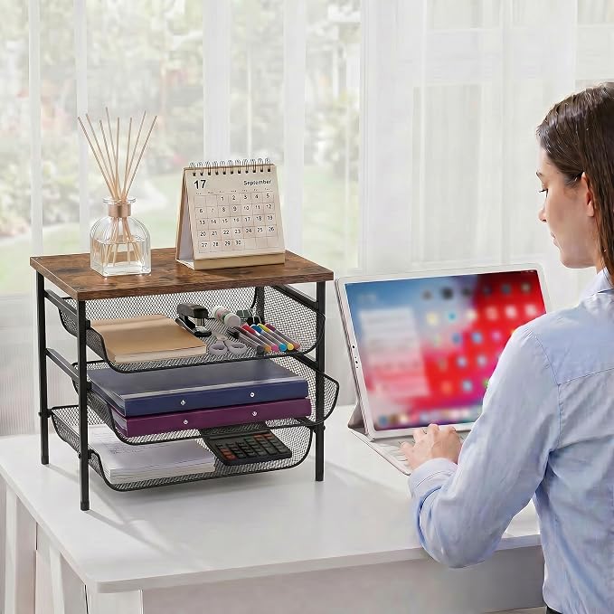 4-Tier Printer Stand for Desk with Storage Drawer Wooden Top Printer Shelf Metal Desktop Organizer Paper Organizer Printer Table for Home Office Accessories Black