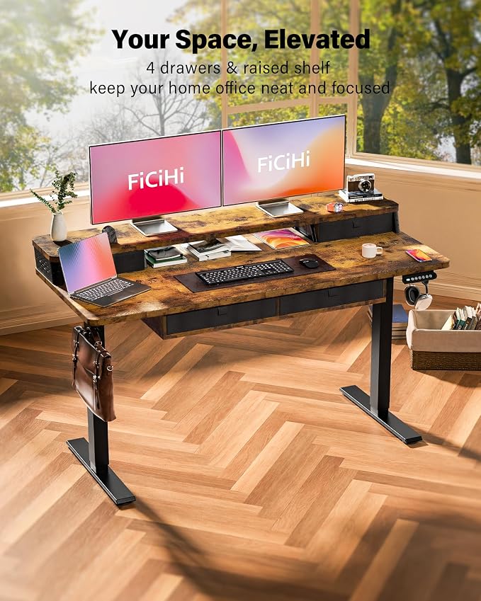 FiCiHi 55x24 Inch Electric Standing Desk, 4 Drawers, Adjustable Height Desk | Sit Stand Computer Desks, C-Clamp Compatible Home Office Desk with Monitor Stand, Cable Management, 3 Preset Heights