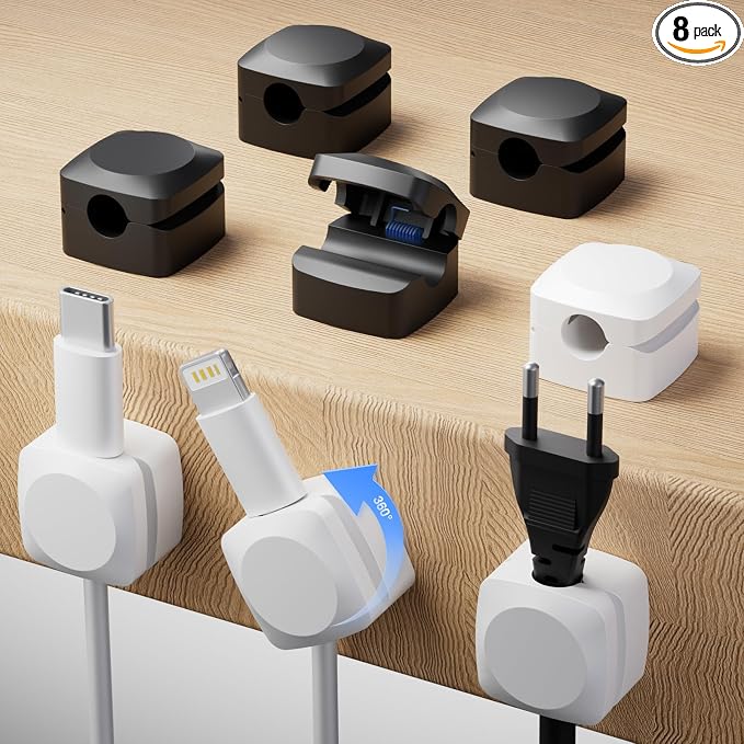 Daisyhome Rotatable Cord Organizer, Strong Adhesive Spring Cable Clips | Enhanced Cable Organizer Cord Clips, Desk Cord Holder for Nightstand, Office Accessories and Car (4*White+4*Black)
