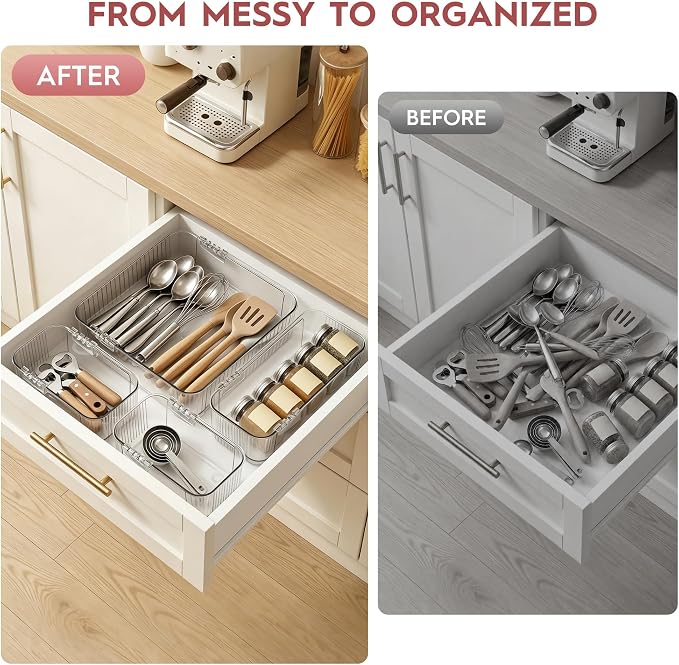 Expandable Drawer Organizer Set, Clear Adjustable Drawer Dividers, 4-Piece Storage Trays for Kitchen, Bathroom, Makeup, Office, Durable PET Material