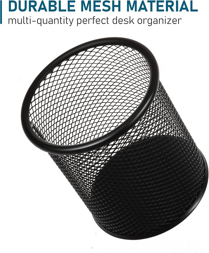QYH Mesh Pencil Cup for Desk 6 Pack, Black Pen Holder 3.54"x3.93" | Metal Pencil Box, Desk Organizer for Office, School, Home & Business